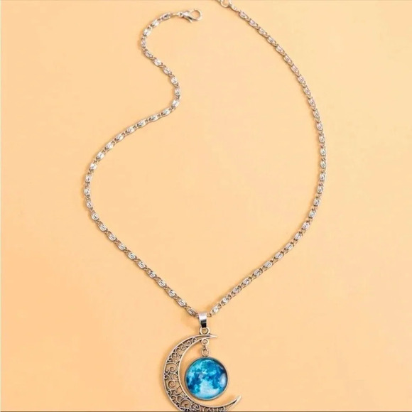 Glow in the Dark Moon Necklace | Crescent Lunar Pendant Silver Chain - Picture 2 of 4